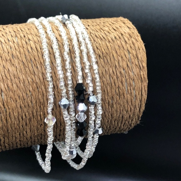 Multi Strand Tiny Silver Glass Seed Beads Stretch Stacking Beaded Bracelets - Picture 3 of 11